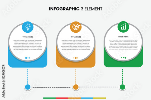 Infographic template features a modern, minimal design with three colorful elements in a horizontal layout. Each section includes an icon, title, and placeholder text