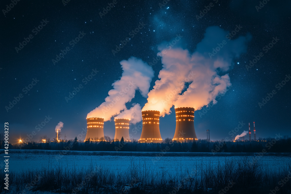 night photo of a nuclear power plant with lights on and steam night photo of a nuclear power plant with lights on and steam