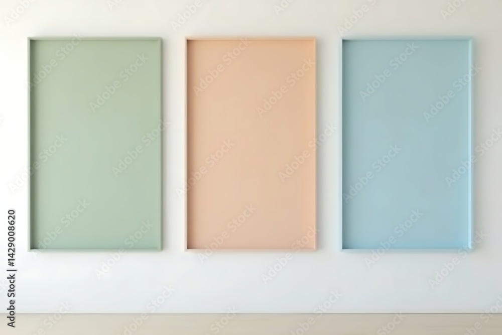 Fototapeta premium Three Pastel Rectangular Frames on a White Wall: Green, Peach, and Blue Minimalist Interior Decor