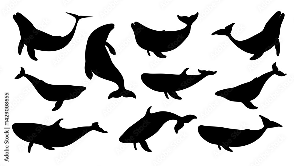 Fototapeta premium set of Blue whale silhouette vector on white background