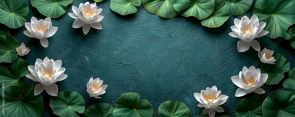 Serene pond with blooming lotus flowers and green leaves