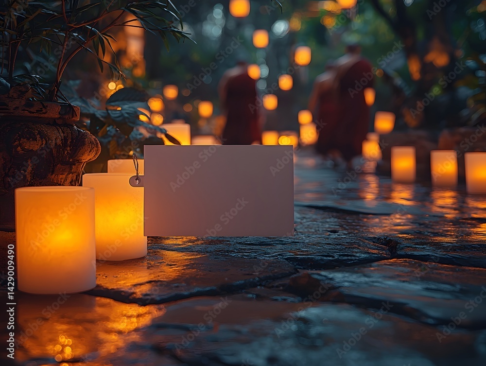 Luminous lanterns and candles line a tranquil path in the night