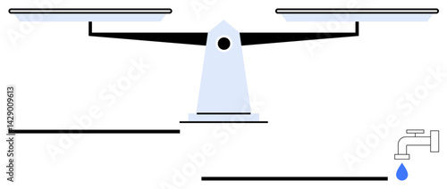Traditional balance scale with two pans and a faucet dripping a single water droplet. Ideal for fairness, sustainability, conservation, justice, decision-making, water management, flat simple