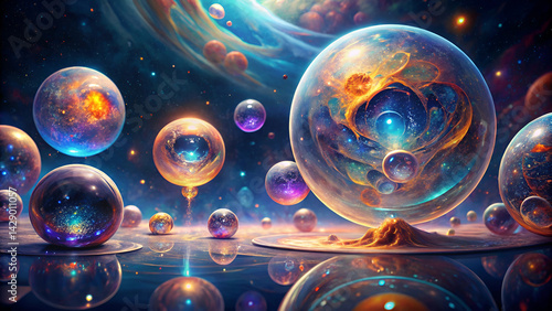 space fantasy, cosmic bubbles, celestial spheres, planetary orbs, colorful nebulas, starry background, glass reflections, surreal astronomy, ethereal galaxies, floating worlds, mystical universe,
