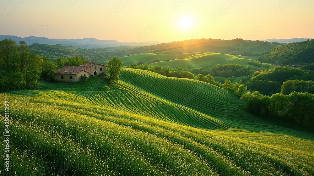 Fototapeta premium Emerald grass covers the rolling hills of a peaceful countryside