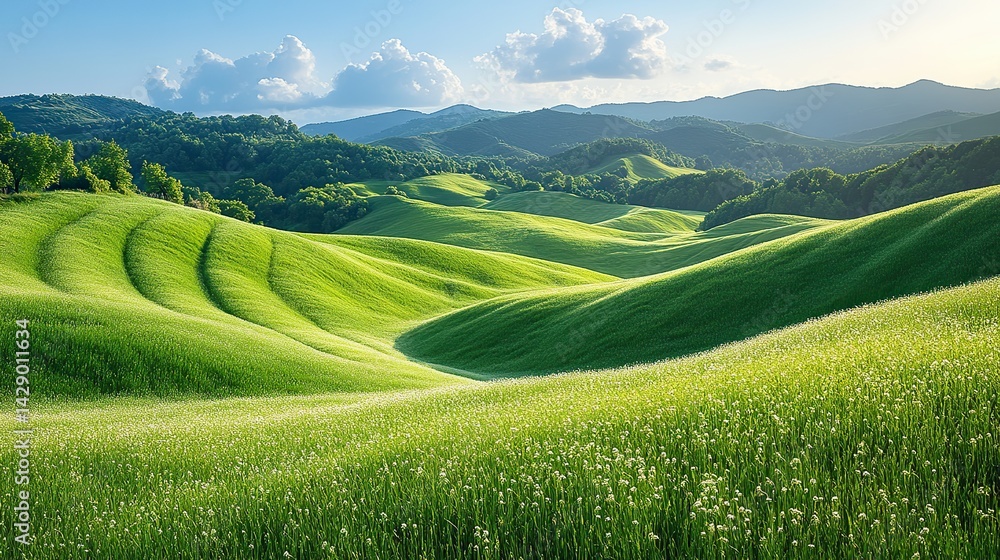 Fototapeta premium Emerald grass covers the rolling hills of a peaceful countryside