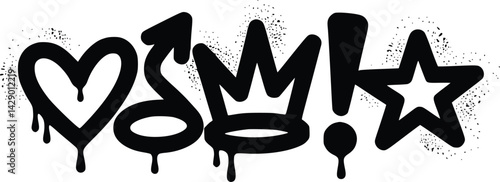 Modern graffiti style vector illustration with heart arrow crown exclamation point star