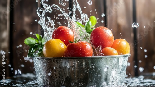 Fruit bowl splashing in water with frozen motion