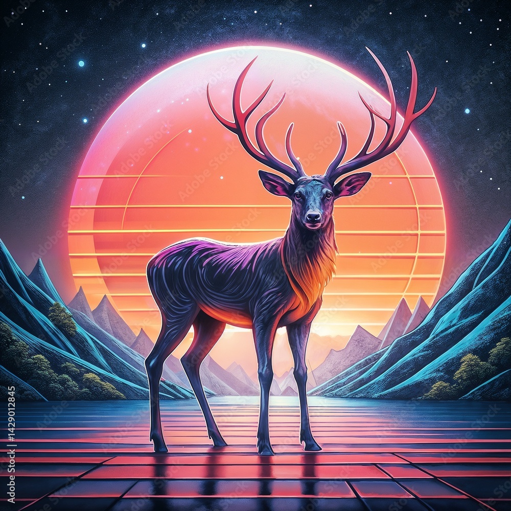Majestic deer standing against a vibrant retro sunset background