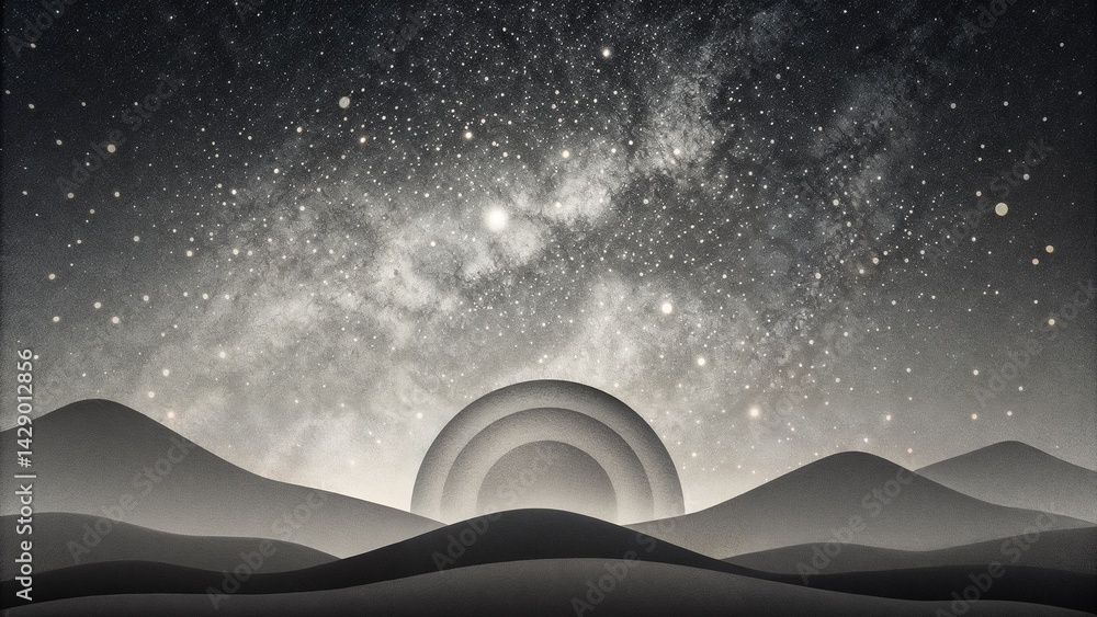 Abstract cosmic landscape showcasing layered hills and stars