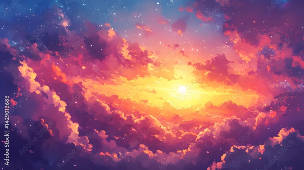 Fototapeta premium Vibrant Sunset Over Colorful Clouds in Dreamy Sky Landscape