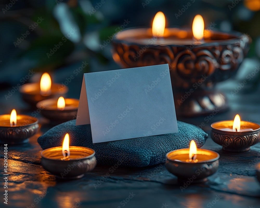Blank gift card resting on cushion surrounded by traditional oil lamps