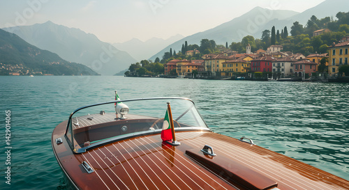Fototapeta Naklejka Na Ścianę i Meble -  Wooden Boat on Calm Lake Como Water Near Picturesque Village and Lush Green Mountains Under a Bright Blue Sky