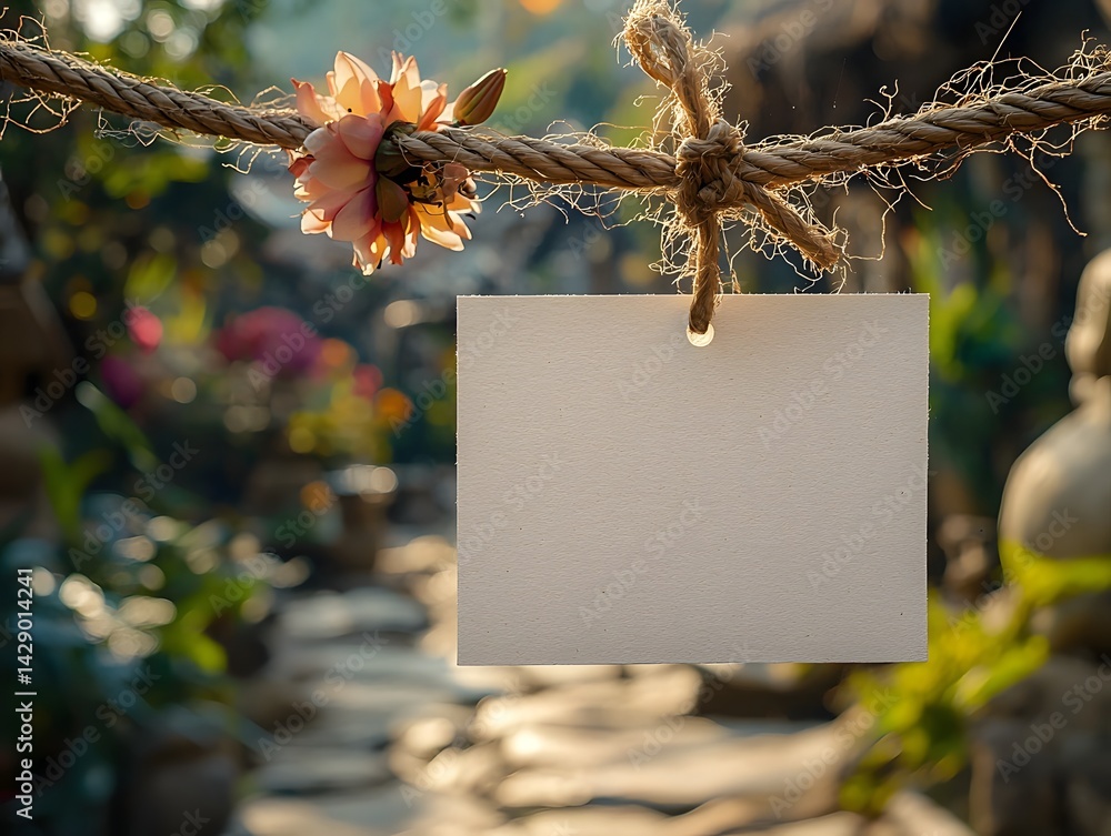Blank white gift card hanging from a nature inspired branch
