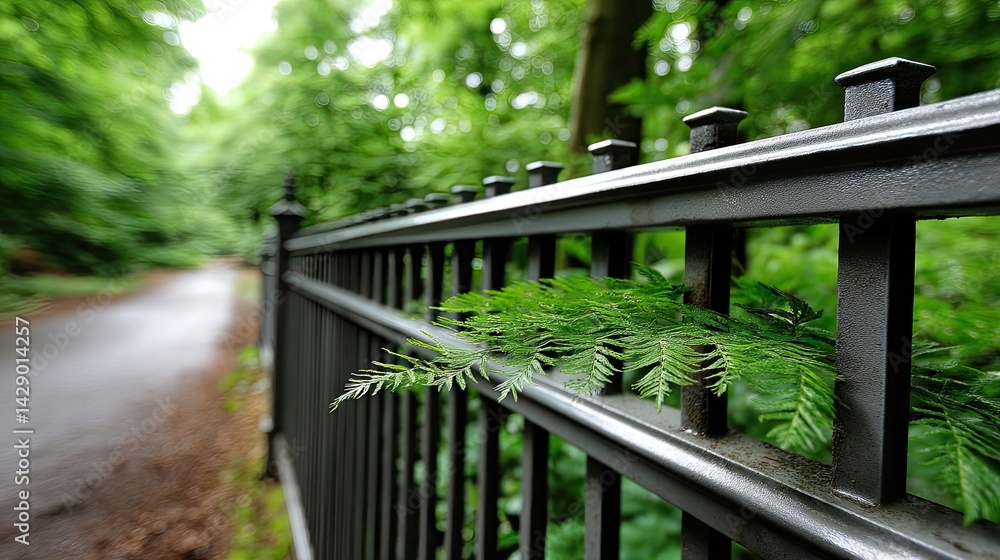 Black metal fence with decorative elements stands against a vibrant green backdrop of trees, creating a tranquil forest atmosphere. Black metal fence with decorative elements stands against a vibrant green backdrop of trees, creating a tranquil forest atmosphere.