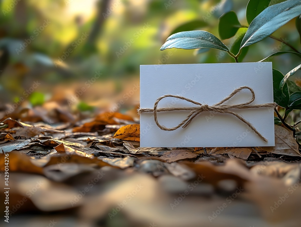 Blank gift card tied with twine and bow in a natural leaf filled setting