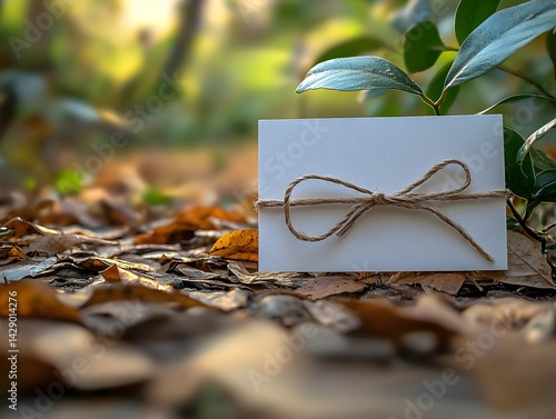 Obraz na płótnie Blank gift card tied with twine and bow in a natural leaf filled setting w salonie