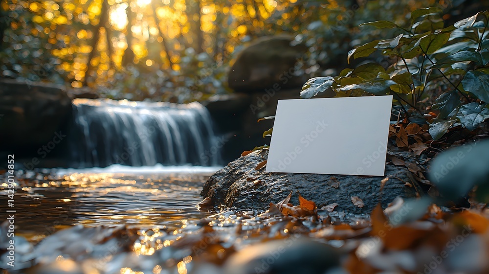 A serene waterfall in a tranquil forest setting with a blank white gift card