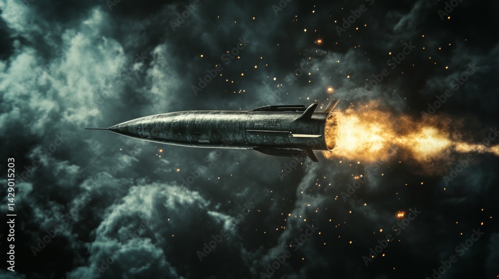 Obraz premium Missile launch scene in dramatic cloudy sky