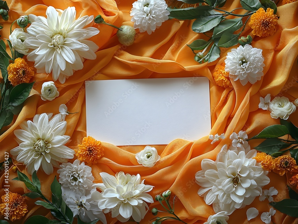 Floral decorated holiday gift card on golden silk fabric