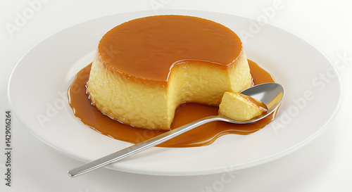 Wallpaper Mural A serving of pudim (Brazilian flan) with caramel sauce dripping on the sides, on a white plate with a spoon, isolated on a white background Torontodigital.ca