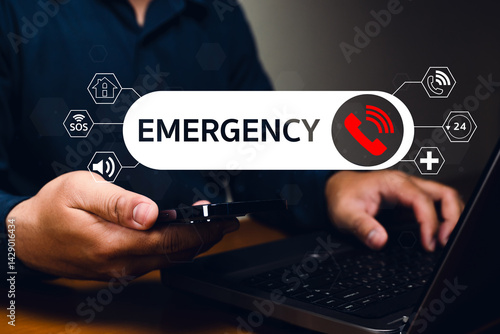 A person holds a smartphone with an emergency call icon, showcasing urgent communication in a digital environment.