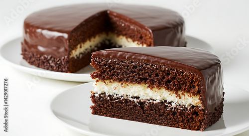 Wallpaper Mural a slice of prestige chocolate cake with chocolate frosting and coconut filling on a white plate isolated on white background Torontodigital.ca