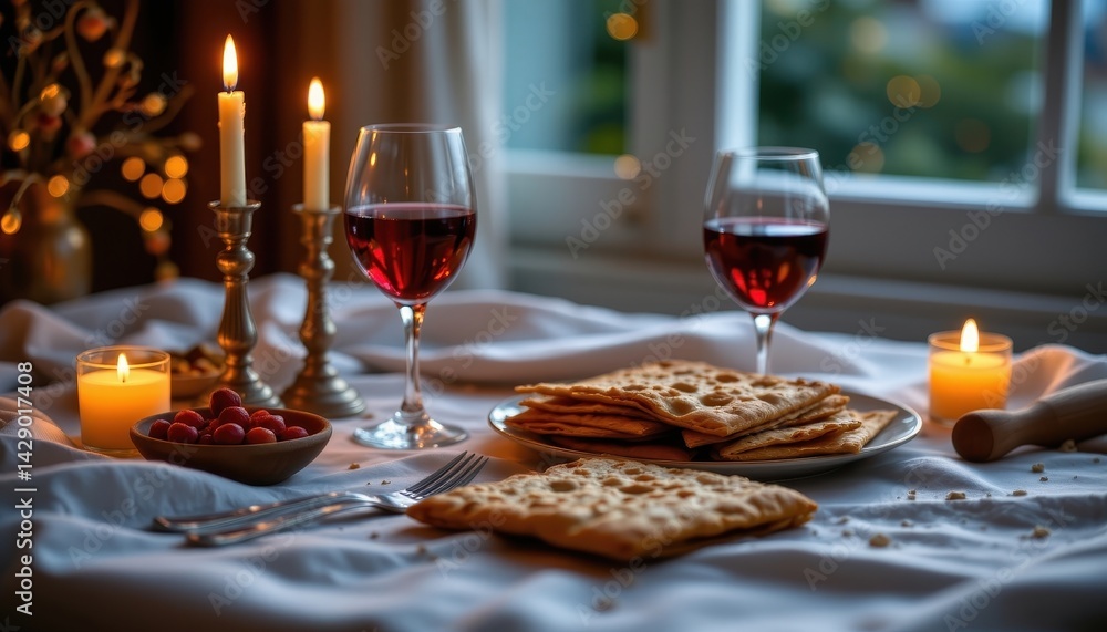 Naklejka premium A tranquil evening scene with candles, wine, and matzah under soft lighting.