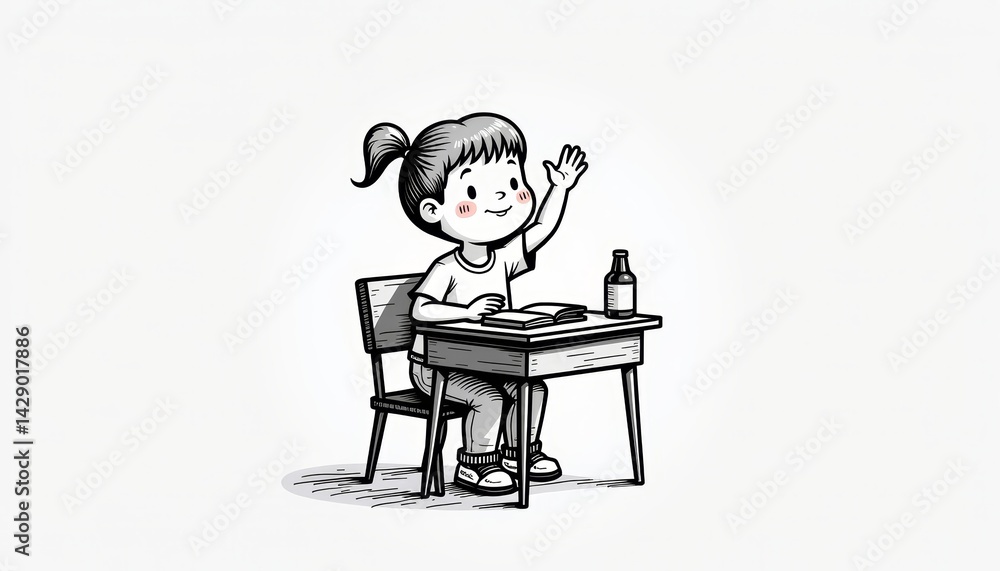Fototapeta premium Child raising hand in class with a joyful expression 
