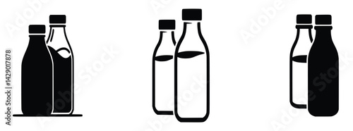 Milk bottles black and white icon set vector dairy food beverage illustration