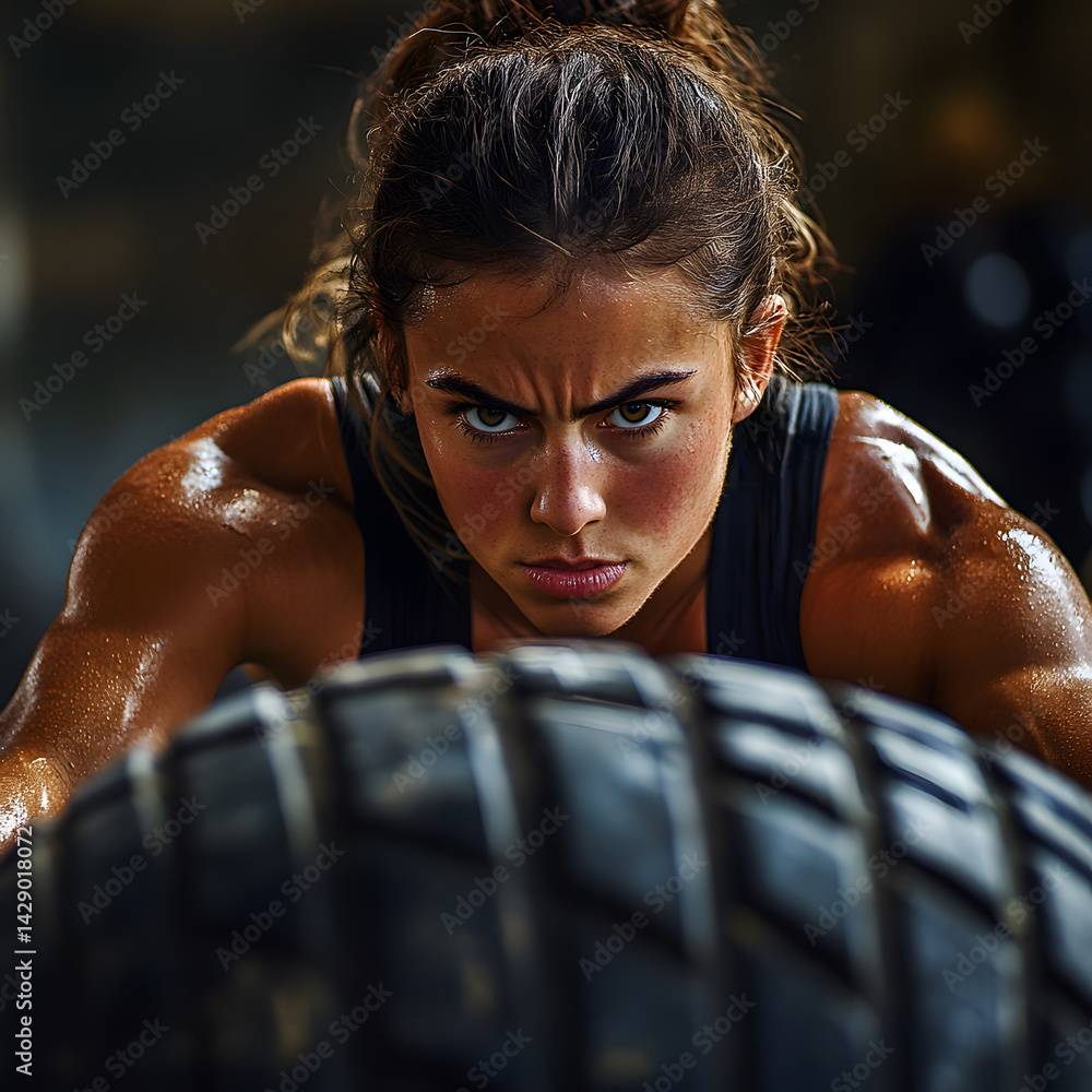 Image of muscular and fit young woman pulling large tire during workout. Her face shows determination as she uses both strength and power in her intense sports training.