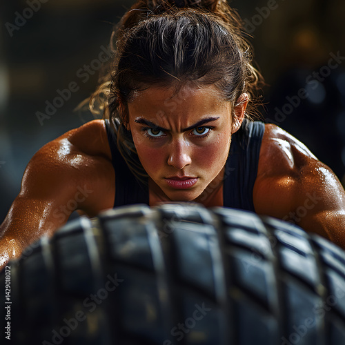 Obraz na płótnie Image of muscular and fit young woman pulling large tire during workout. Her face shows determination as she uses both strength and power in her intense sports training. w salonie