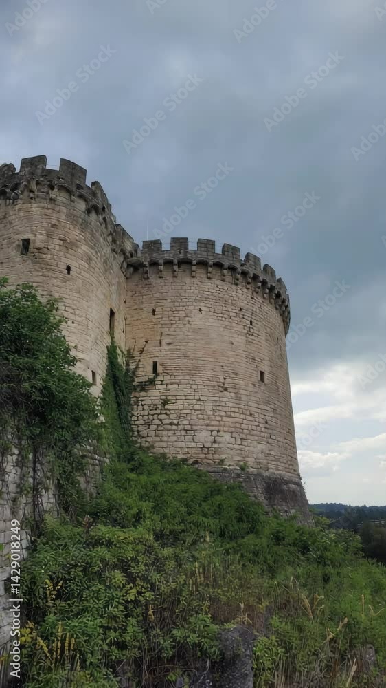 Stone castle tower with battlements against a cloudy sky, partially overgrown with ivy, set on a small hill. Stone castle tower with battlements against a cloudy sky, partially overgrown with ivy, set on a small hill.