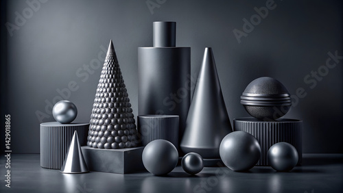 Minimalist 3D shapes, Monochromatic gray, Geometric composition, Metallic textures, Spheres and cones, Perfume bottle, Abstract still life, Studio lighting, High contrast, Sleek design, Luxury product
