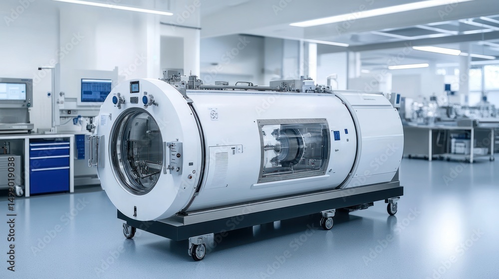 Modern medical device in a sterile laboratory setting. Cylindrical, white, mobile unit Modern medical device in a sterile laboratory setting. Cylindrical, white, mobile unit