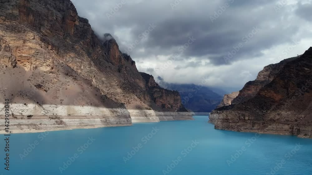 Dramatic mountain landscape with turquoise lake and imposing cliffs under a cloudy sky, depicting natural beauty and grandeur in a remote setting. Dramatic mountain landscape with turquoise lake and imposing cliffs under a cloudy sky, depicting natural beauty and grandeur in a remote setting.