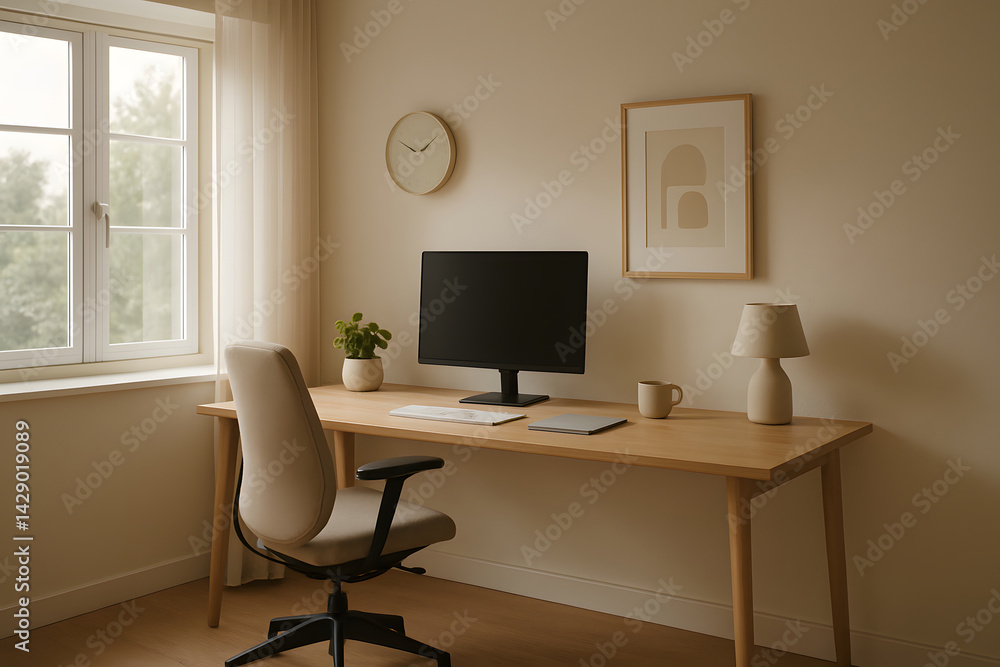 Fototapeta premium Modern minimalist workspace with Scandinavian inspired home office desk, ergonomic chair, and desktop monitor in a naturally lit serene environment... Home decor.