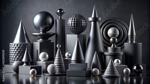Metallic geometric shapes, silver and chrome objects, spheres cones pyramids cylinders, various textures and finishes, studio lighting, dramatic shadows, monochromatic composition, 