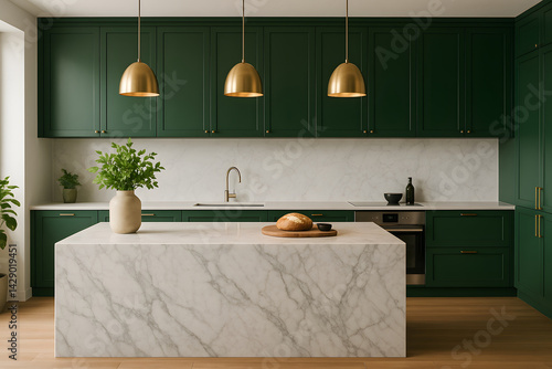Modern luxury kitchen with forest green cabinets, white marble island and black fixtures. Elegant contemporary home design with premium materials and natural textures... Home Decor.
