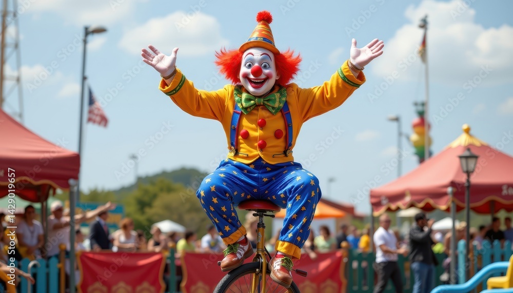 A silly clown trying to balance on a unicycle, arms flailing in mid air. A silly clown trying to balance on a unicycle, arms flailing in mid air.