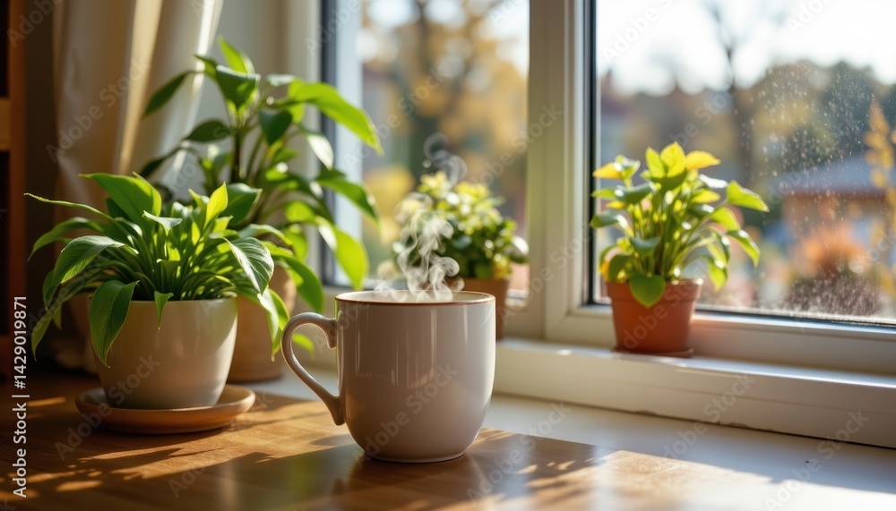 Fototapeta premium Scenic view of a steaming mug beside a sunny window and indoor plants.