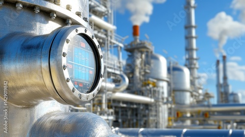 Industrial Refinery Plant with Digital Gauge and Bright Sky