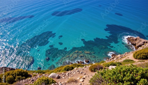 A breathtaking view of the ocean from above, highlighting the different shades of blue.