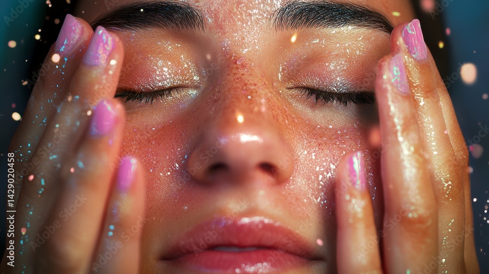 Obraz premium Iridescent Glitter on Woman's Face, Soft Lighting, Close up Portrait