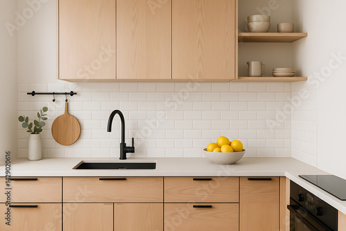 Bright minimalist kitchen interior with black matte faucet, subway tiles, and light wood cabinetry. Clean and modern home design with functional elegance... Home Decor.
