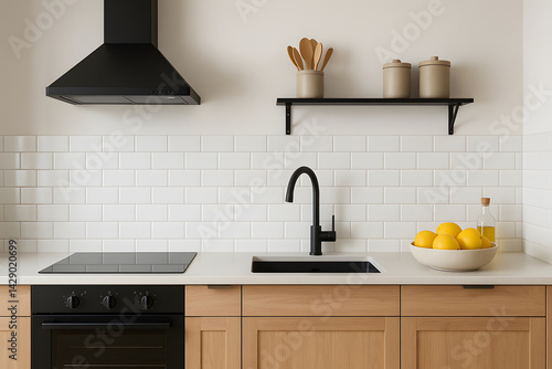 Contemporary kitchen with light oak cabinetry, white tile backsplash and matte black fixtures. Minimalistic cooking space with natural finishes and clean lines... Home Decor.