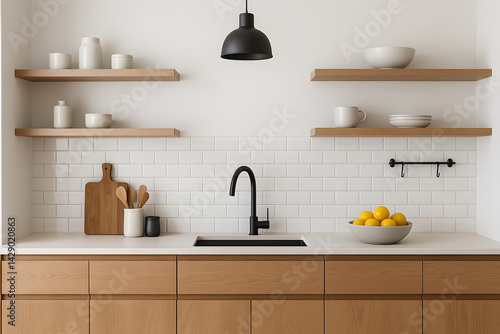 Sleek modern kitchen with white subway tile backsplash, light wood drawers, and black faucet. Minimalist interior style for home design and renovation projects... Home Decor.