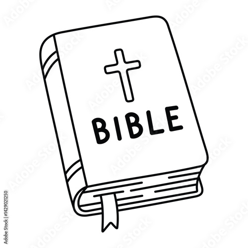 Bible vector illustration. Hand-drawn doodle style holy book with cross symbol. Black line art isolated on white background.