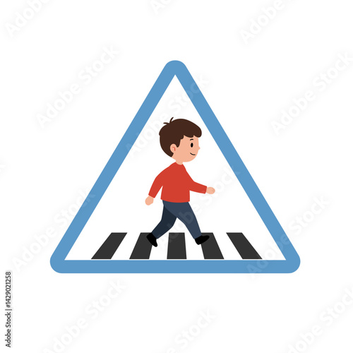 The child confidently walks along the pedestrian crossing sign, showing where to cross correctly, educational materials on road signs for young children