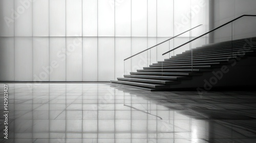 Modern minimalist interior stairway.  A clean  sophisticated design featuring a sleek staircase leading upward in a spacious  light-filled hall.  Reflecting surfaces create a sense of depth and calm